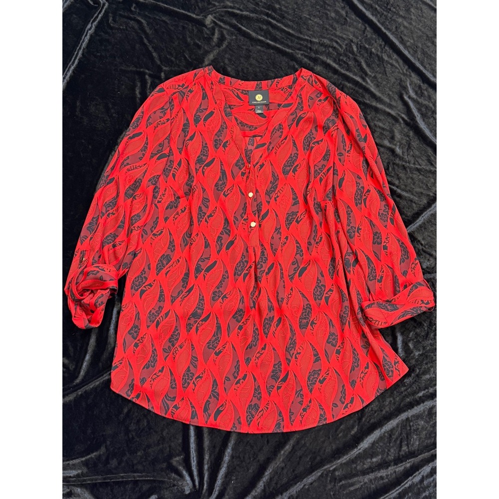 JM Collection Womens S Red Black Abstract Floral Leaf Print Roll Tab Blouse